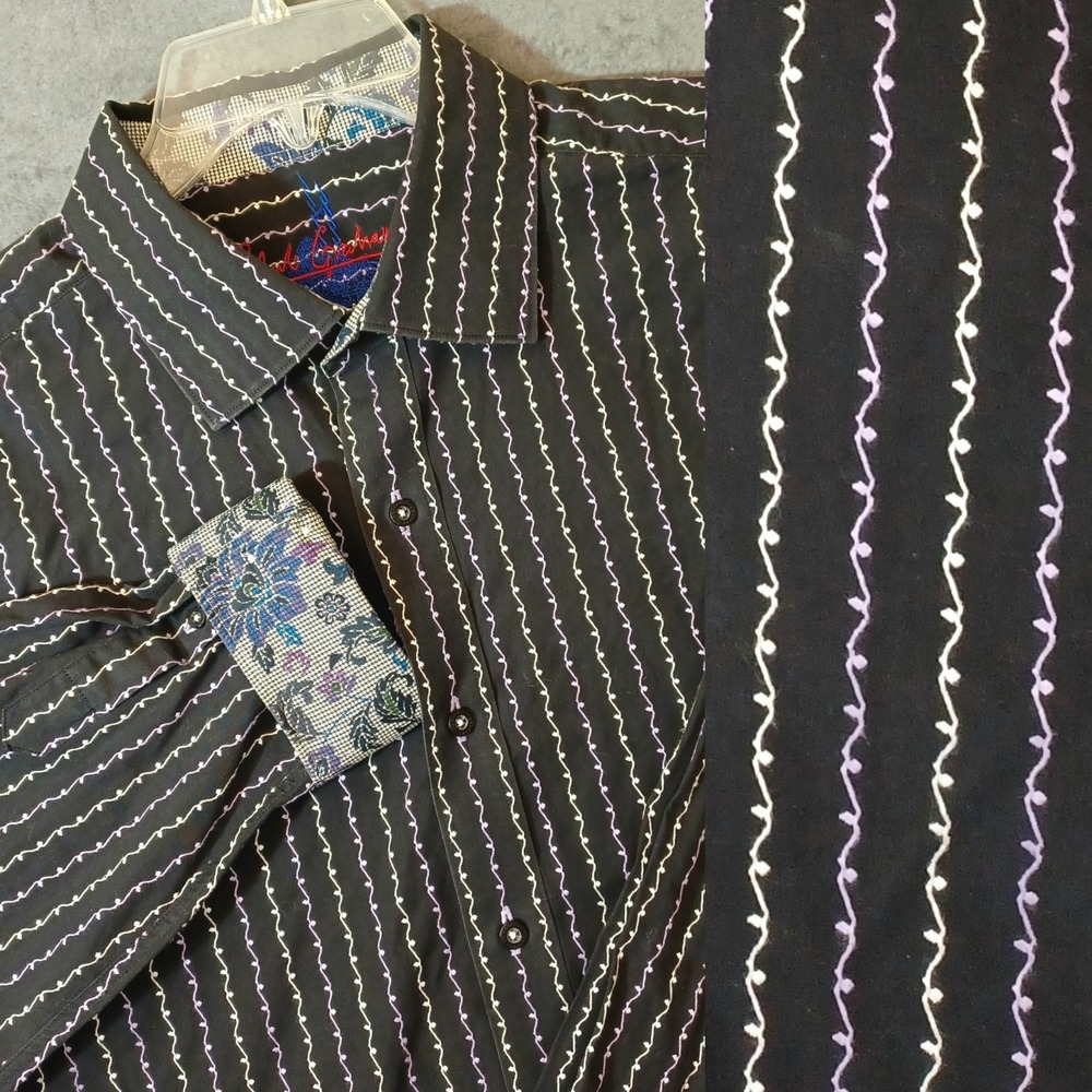 Robert Graham Shirt Mens Extra Large Black Embroidered Contrast Flip Cuff